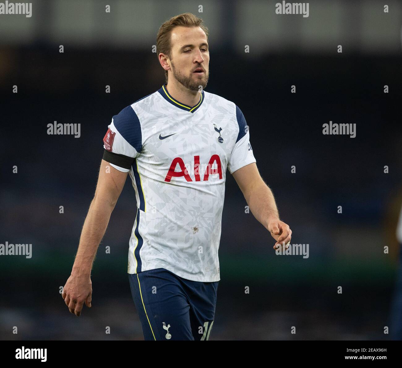 Liverpool. 11th Feb, 2021. Tottenham Hotspur's Harry Kane walks off the pitch after the FA Cup 5th round match between Everton FC and Tottenham Hotspur FC at Goodison Park in Liverpool, Britain on Feb. 10, 2021. Credit: Xinhua/Alamy Live News Stock Photo