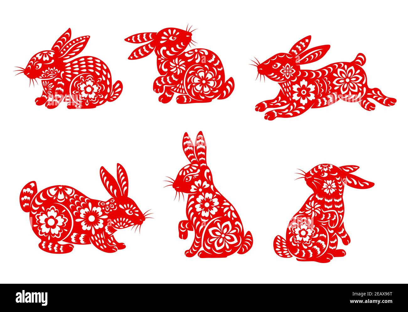 Chinese Lunar New Year rabbit isolated icons with vector animals of