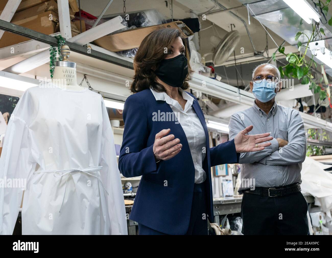 New York, United States. 10th Feb, 2021. LG Kathy Hochul visits Four Seasons Fashion as part of women-owned nonprofit Garment District for Gowns on 39th street of Manhattan in New York on February 10, 2021. LG was touring Four Season Fashion company owned by Tony Singh (R). (Photo by Lev Radin/Sipa USA) Credit: Sipa USA/Alamy Live News Stock Photo