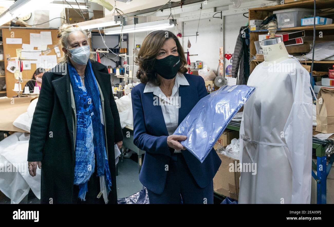 New York, United States. 10th Feb, 2021. LG Kathy Hochul visits Four Seasons Fashion as part of women-owned nonprofit Garment District for Gowns on 39th street of Manhattan in New York on February 10, 2021. LG was touring Four Season Fashion company owned by Tony Singh (not pictured) and was joined by Manhattan borough President Gail Brewer (L). (Photo by Lev Radin/Sipa USA) Credit: Sipa USA/Alamy Live News Stock Photo