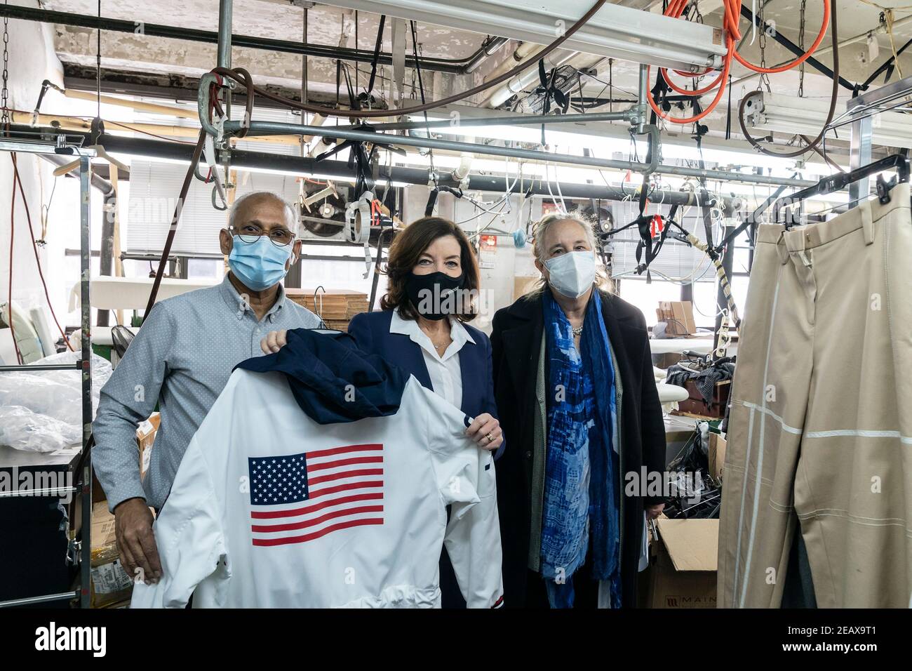 New York, United States. 10th Feb, 2021. LG Kathy Hochul visits Four Seasons Fashion as part of women-owned nonprofit Garment District for Gowns on 39th street of Manhattan in New York on February 10, 2021. LG was touring Four Season Fashion company owned by Tony Singh (L) and Manhattan borough President Gail Brewer (R). (Photo by Lev Radin/Sipa USA) Credit: Sipa USA/Alamy Live News Stock Photo