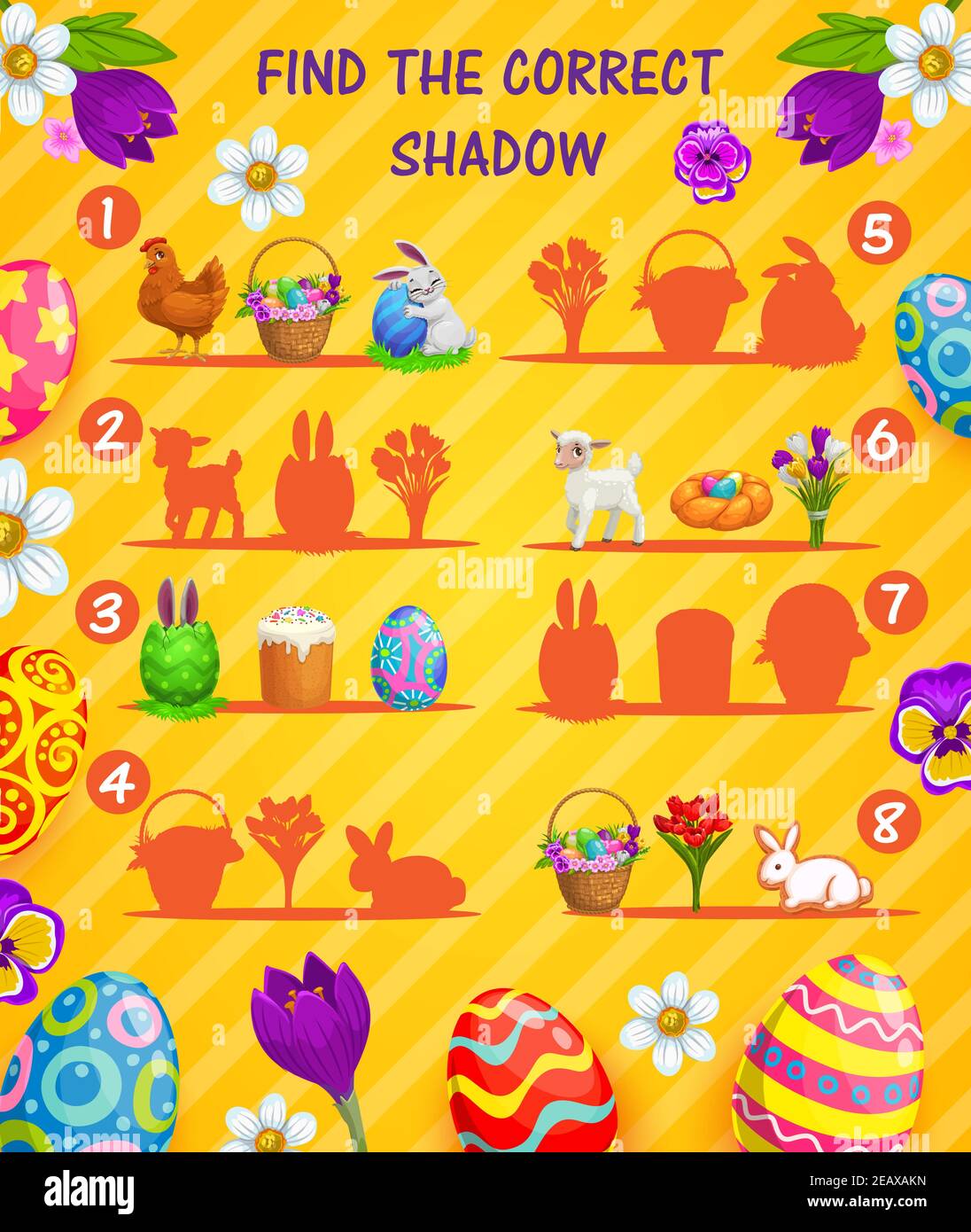 Find correct shadow vector kids game or puzzle with cartoon Easter eggs