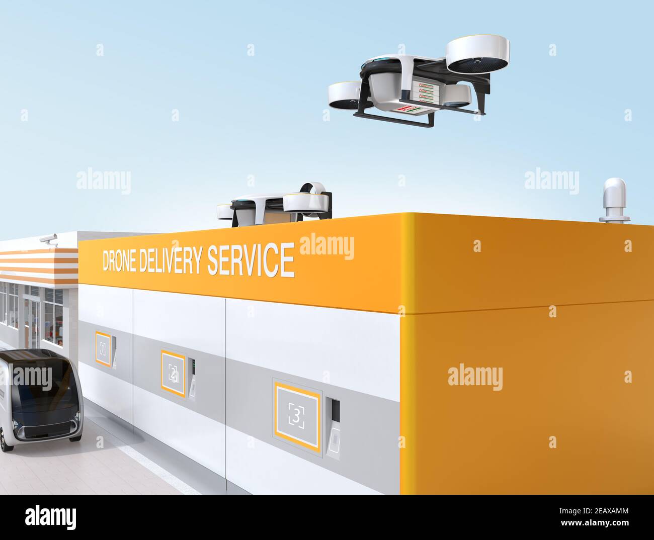 Delivery drones takeoff and landing on the launch pad. Last one mile  concept. 3D rendering image Stock Photo - Alamy