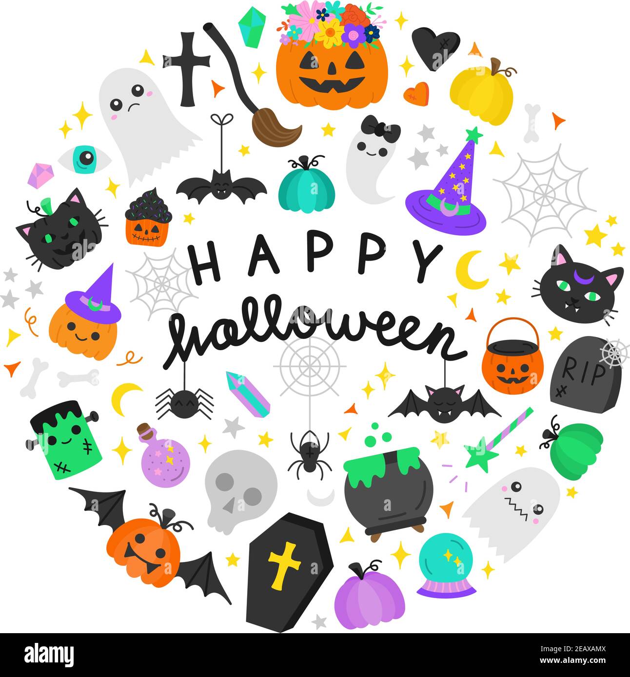 Happy Halloween round vector illustration graphic. Halloween hand writing and hand drawn spooky, scary objects in circle around. Isolated greeting car Stock Vector