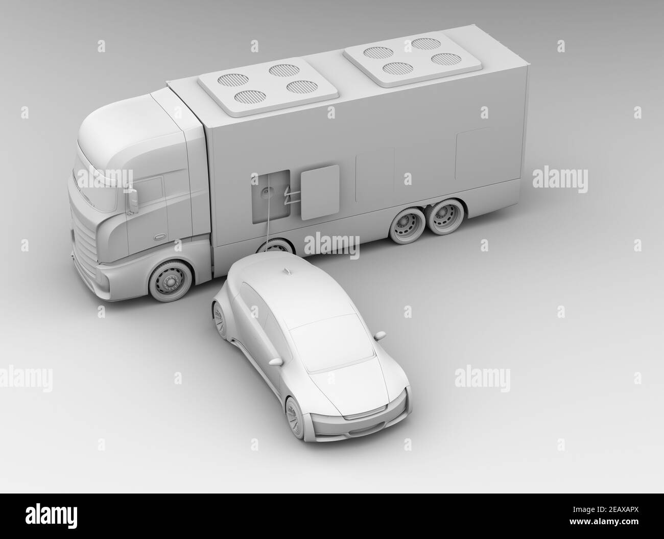 Clay rendering of electric cars charging from a power supply truck. Mobile charging station concept. 3D rendering image. Stock Photo