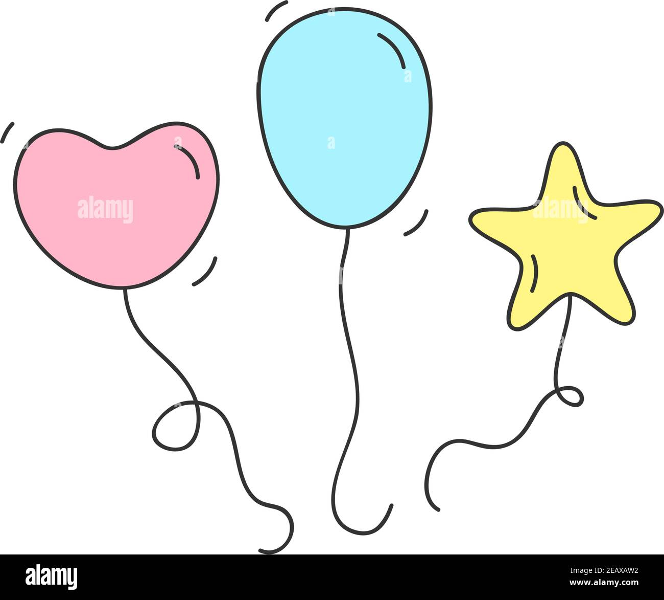 Balloons on string colorful vector illustration. Heart, ellipse and star  shaped balloons. Hand drawn isolated, outlined icon, sticker Stock Vector  Image & Art - Alamy