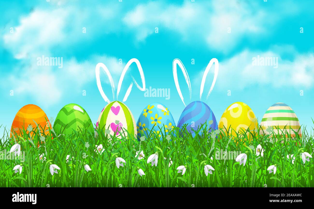 Happy Easter holidays, decorated vector eggs with hand drawn rabbit ears on green grass under blue cloudy sky. Eggs hunting on lawn with cartoon flowe Stock Vector