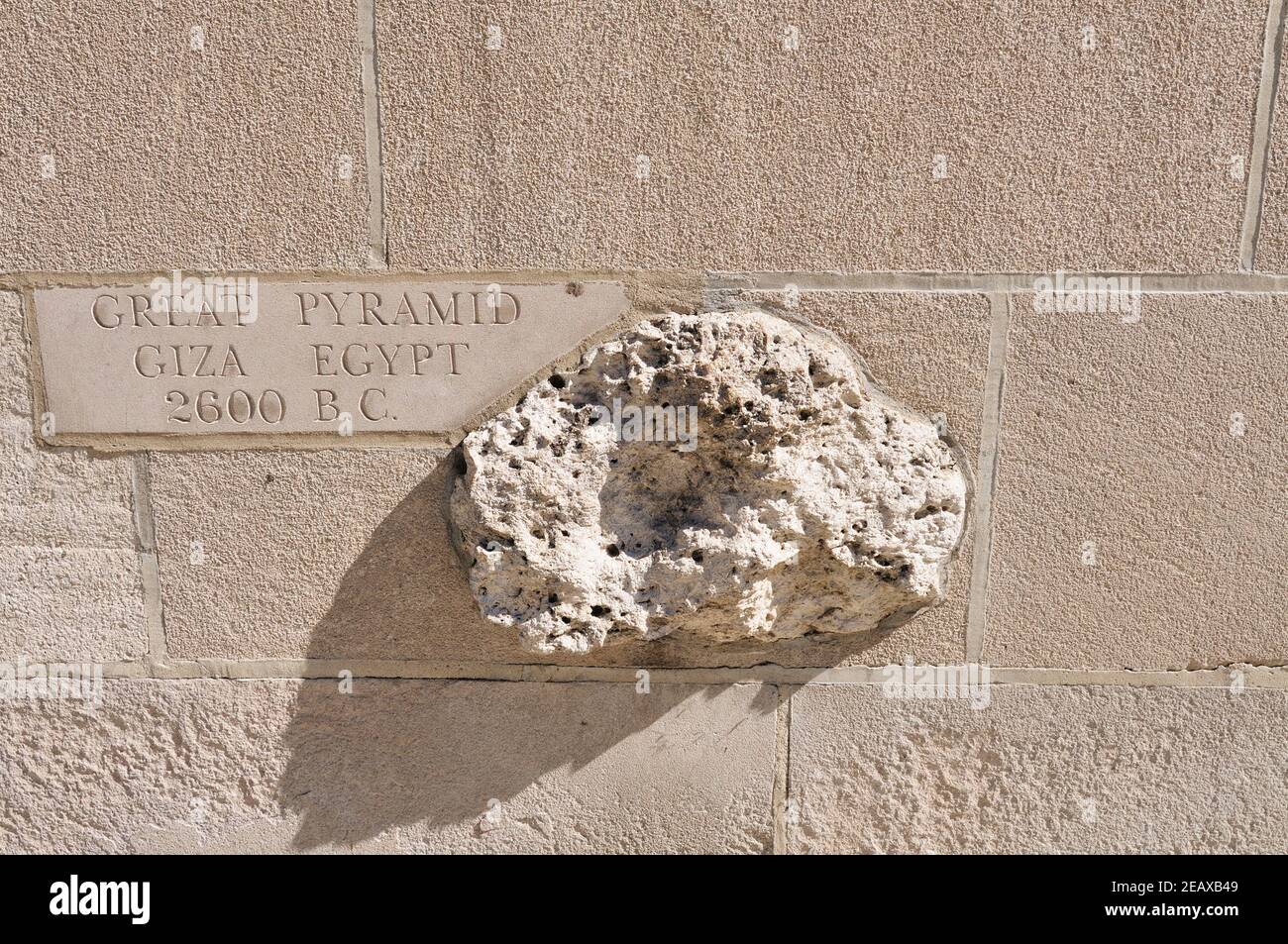 Chicago, Illinois, USA. In the base of the Tribune Tower is a collection of famous stones including a remnant from Great Pyramid at Giza. Stock Photo