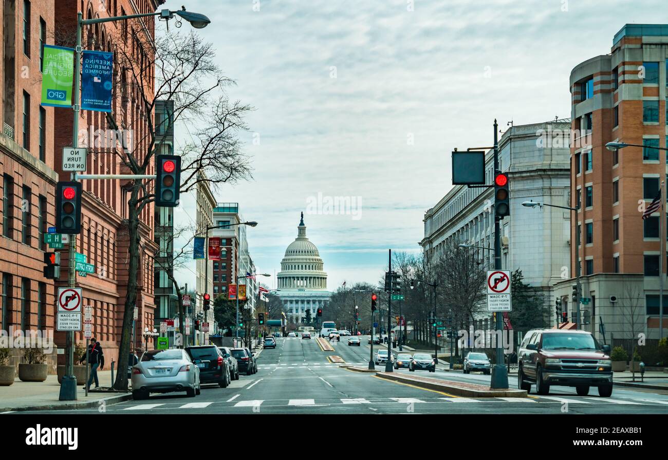 US Capitol Building as seen from North Capitol Street on a cloudy day. Stock Photo