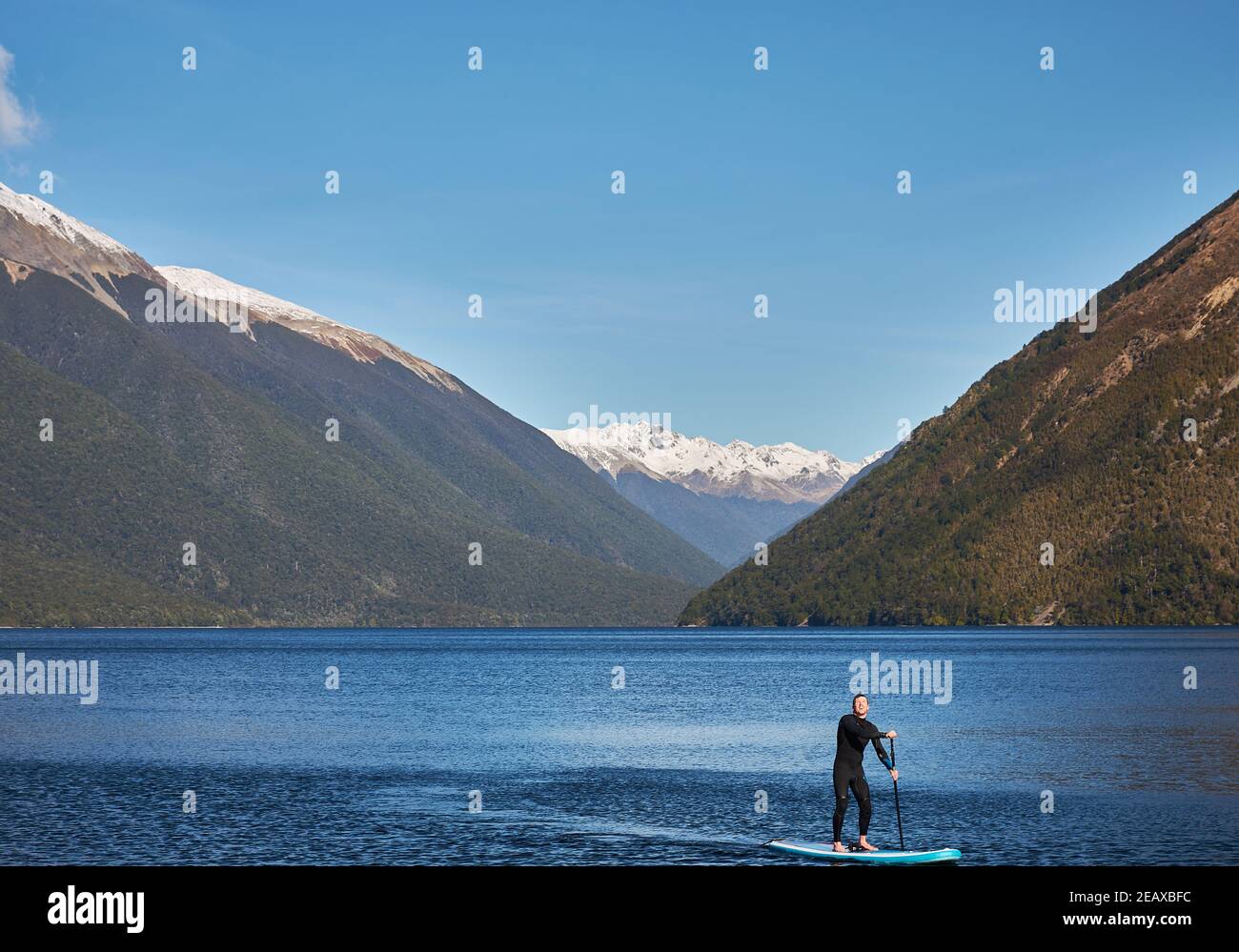 Paddle boarding in Nelson Lakes National Park Stock Photo
