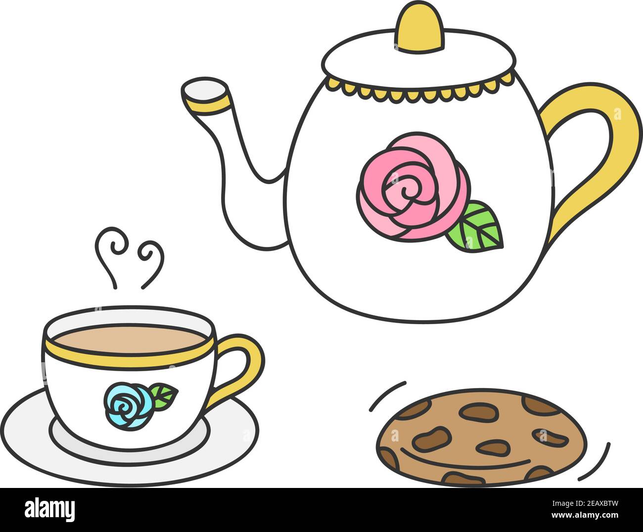 Tea party service vector illustration set. White teapot and cup with