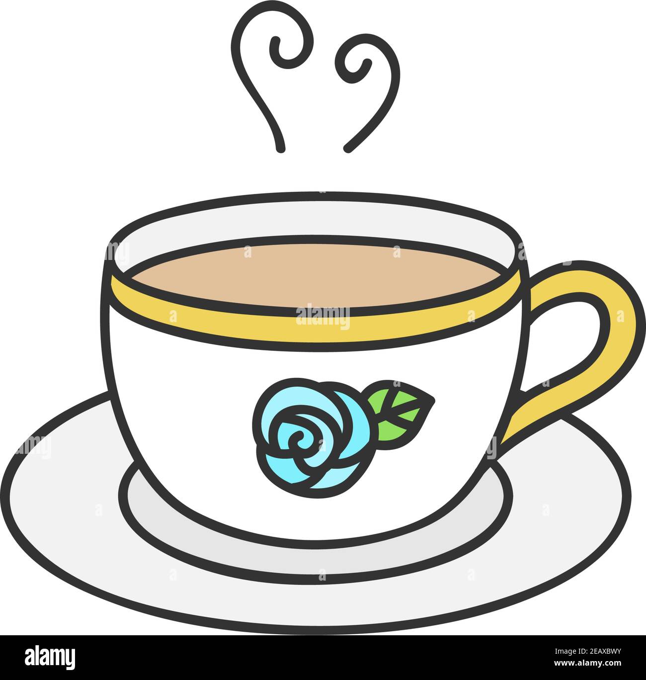 Teacup cute vector illustration. White cup of tea with blue rose and gold  details. Hand drawn outlined isolated icon, sticker Stock Vector Image &  Art - Alamy