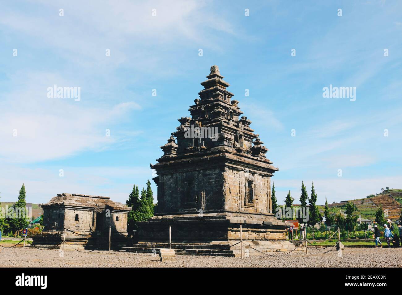 Local tourists visit Arjuna temple complex at Dieng Plateau. Stock Photo