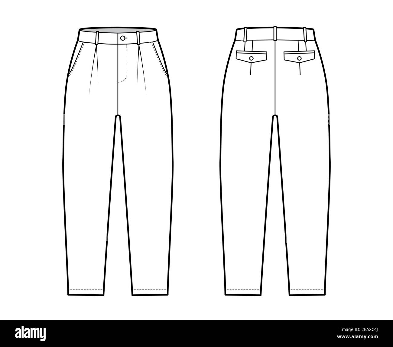 Capri pants technical fashion illustration with belt loops, calf length,  single pleat, normal waist, high rise