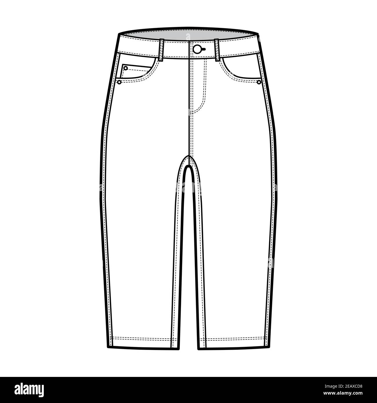 Denim short pants technical fashion illustration with knee length, low