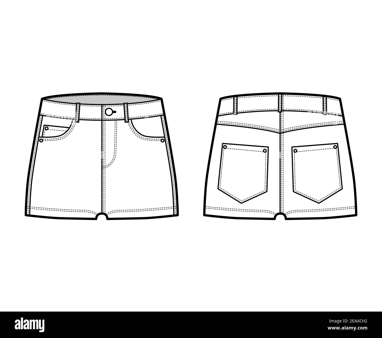 Denim hot short pants technical fashion illustration with micro length, low waist, low rise, 5 pockets. Flat bottom apparel template front, back, white color style. Women, men, unisex CAD mockup Stock Vector