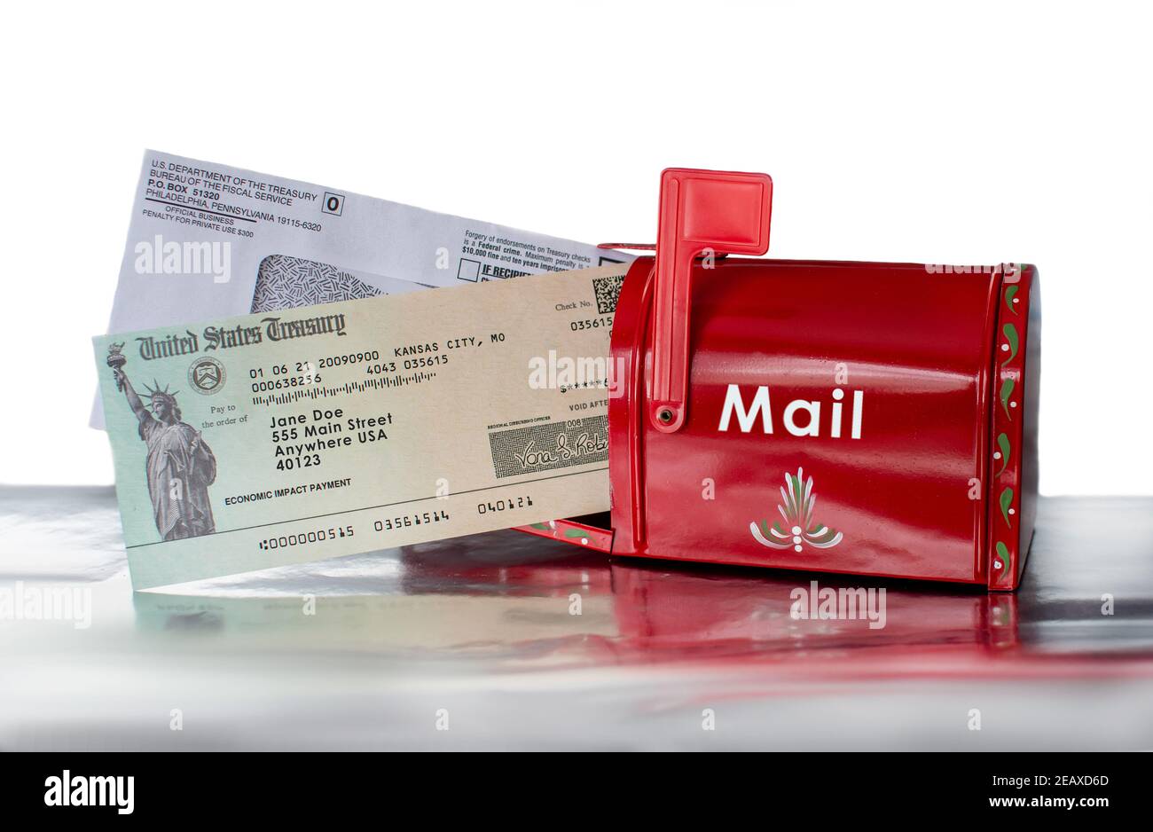 A small red mail box holds a economic relief check from the government
