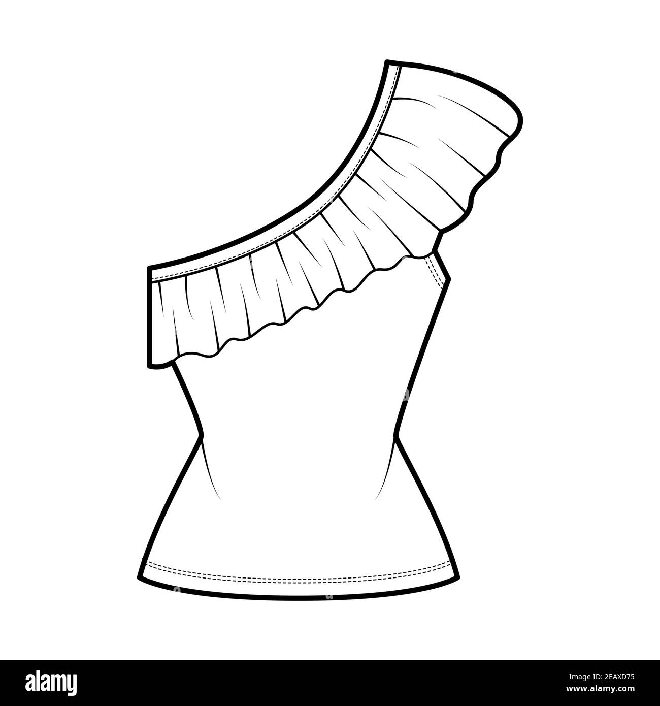 Top one-shoulder technical fashion illustration with ruffles, fitted body, stretch cotton. Flat apparel shirt template front, white color. Women, men unisex CAD mockup Stock Vector