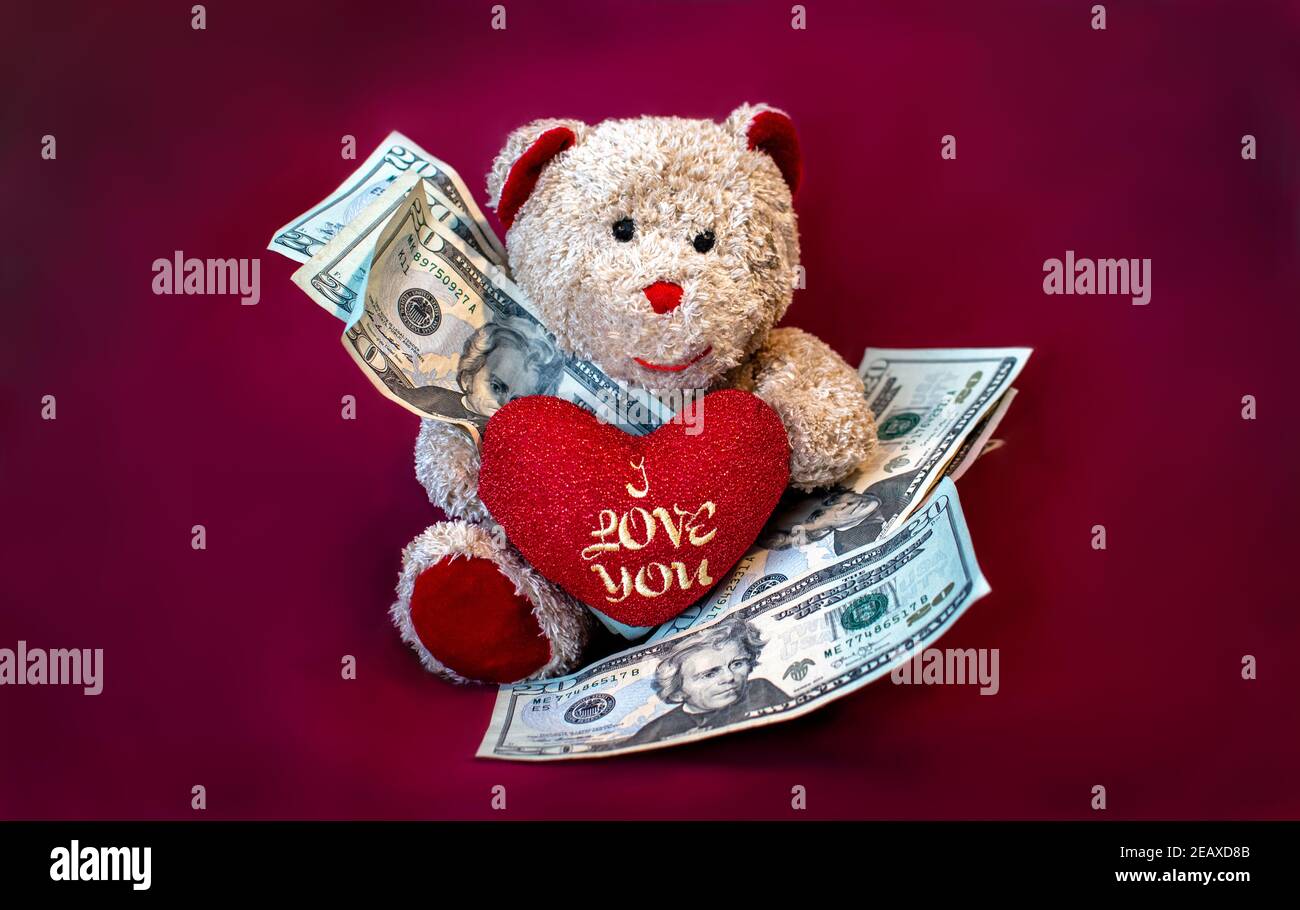 Stuffed animal with large bills to represent the cost of love Stock Photo