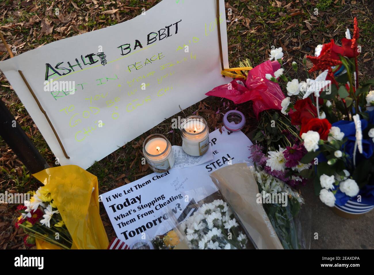 January 7, 2021: The makeshift memorial for Ashli Babbitt who was fatally shot inside the US Capitol in Washington DC on Jan 6th, 2021 Stock Photo