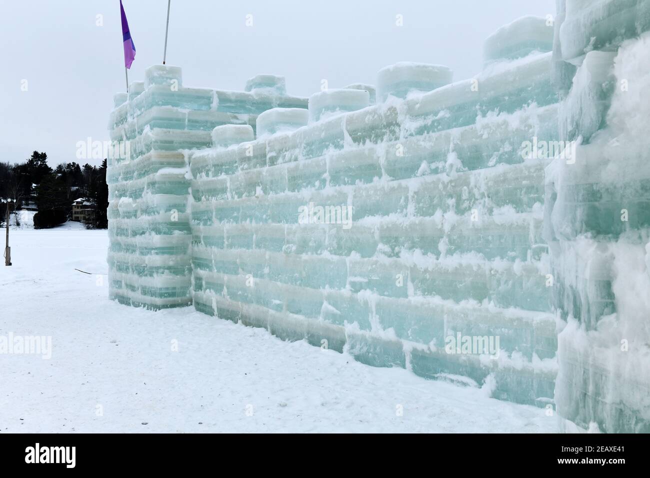 Winter scene with ice sculptures made from frozen blocks of lake water in the Adirondacks at Saranac Lake New York Stock Photo