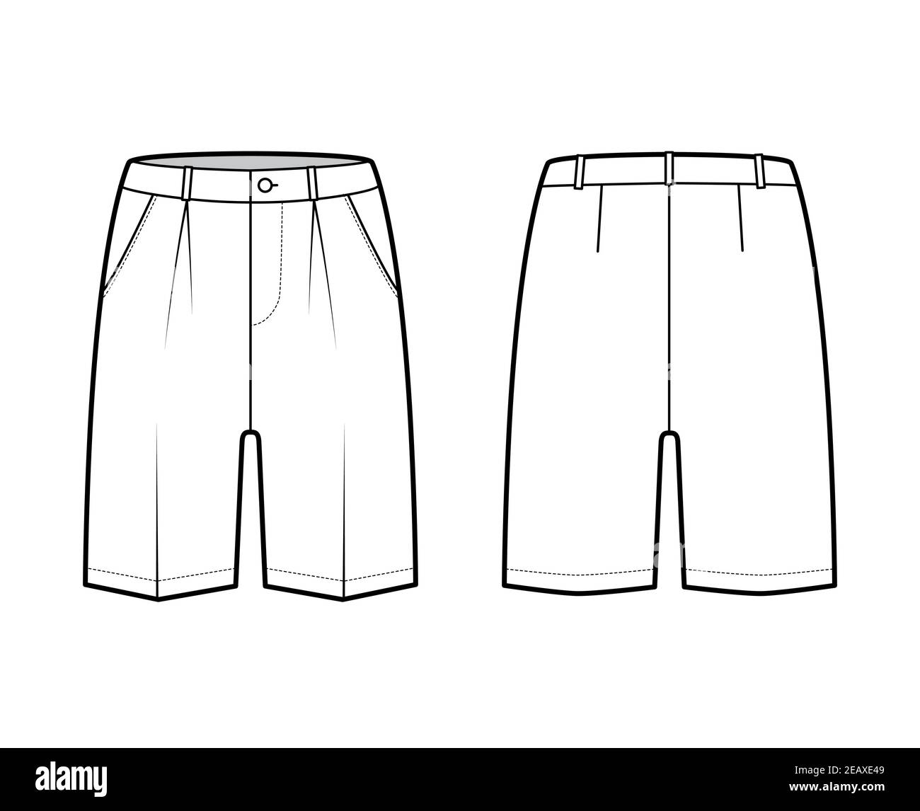 Short Bermuda dress pants technical fashion illustration with above-the-knee length, single pleat, low waist, rise, slashed pocket. Flat walking bottom front, back, white color. Women, men CAD mockup Stock Vector