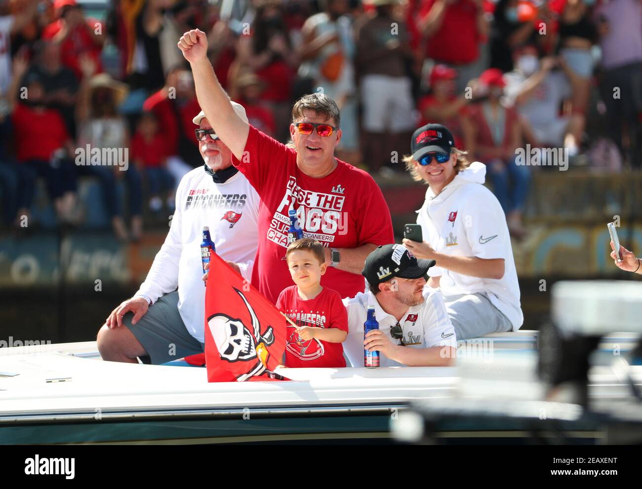 February 10, 2021, Tampa, FL, USA; Tampa Bay Bucaneers GM Jason Licht smiles and poses for a photo during the Super Bowl 55 Champion Buccaneers boat p Stock Photo