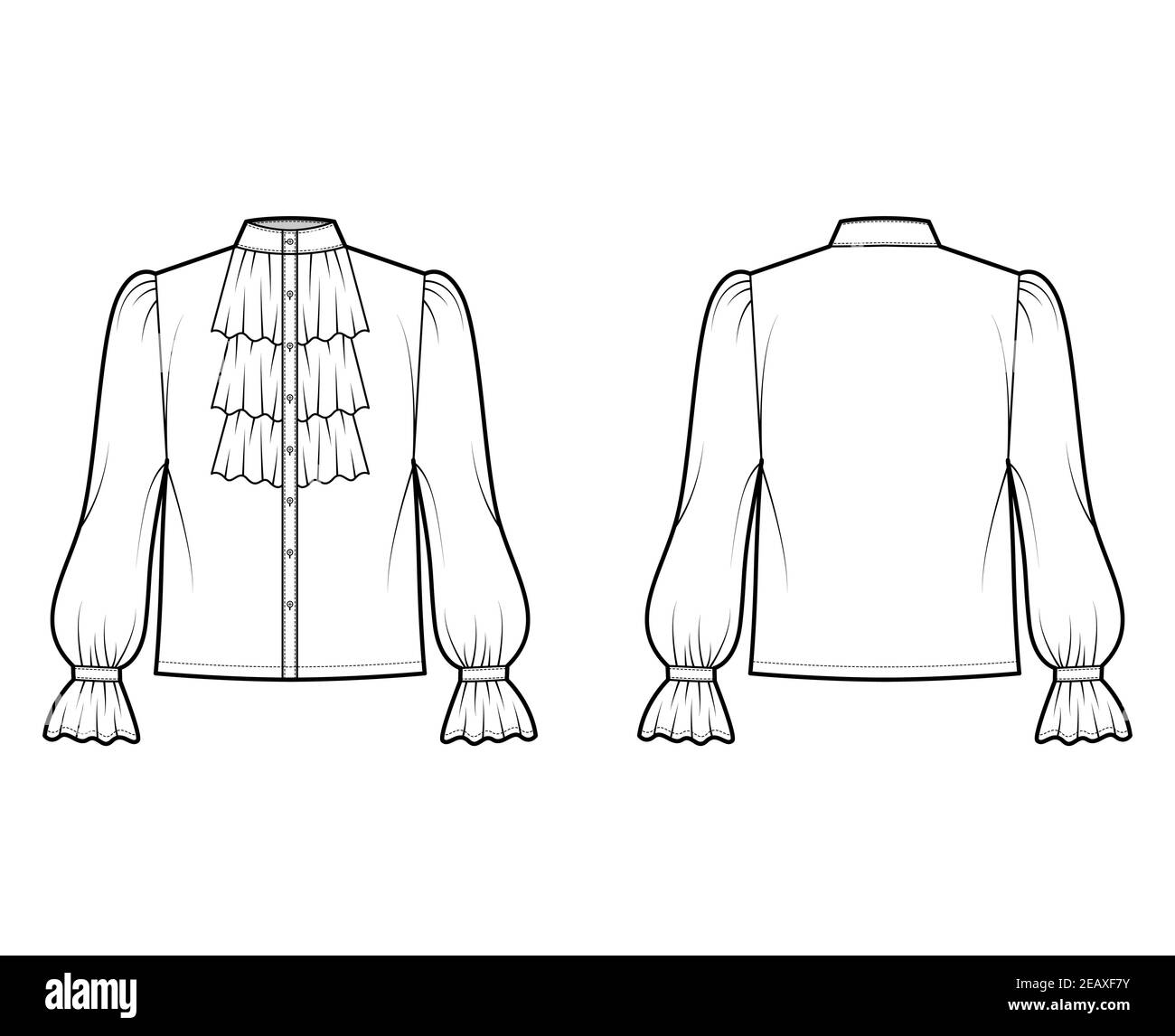 Poet pirate blouse technical fashion illustration with ruffles collar,  bishop long sleeves, stand neck, loose fit,