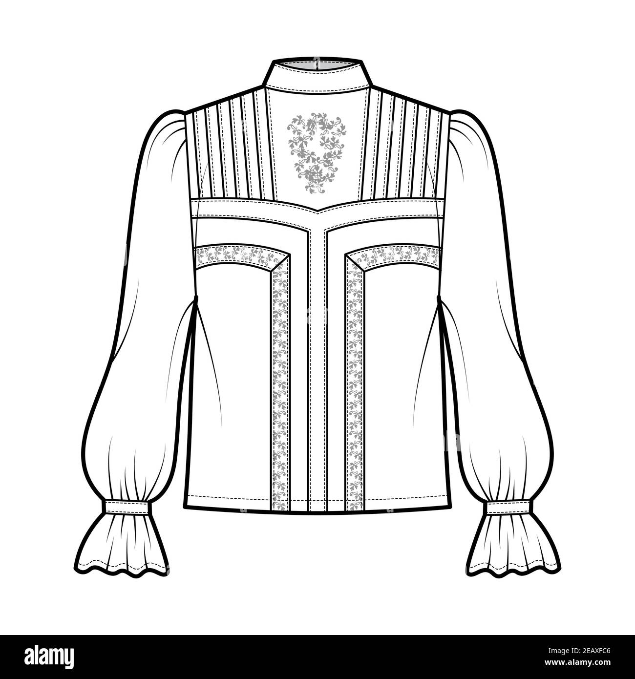 Victorian blouse technical fashion illustration with bishop ruffles long sleeves, stand collar, oversized, lace. Flat apparel top template front, white color. Women, men unisex CAD mockup Stock Vector