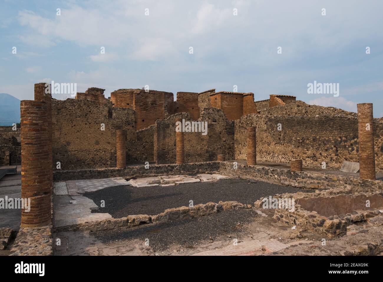 The ancient Roman ruins of Pompeii, near Naples; a historical city in southern Italy that was buried by the 79 A.D. eruption of Mount Vesuvius. Stock Photo