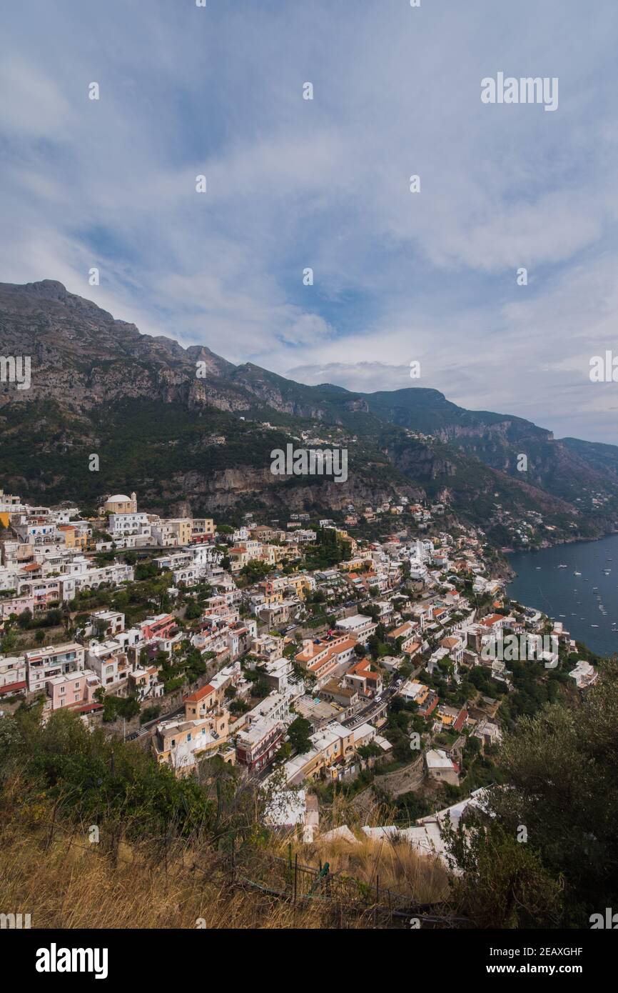 View over the village of Positano, sitting on the cliffside of the Amalfi Coast, Italy, overlooking the Tyrrhenian Sea. Stock Photo