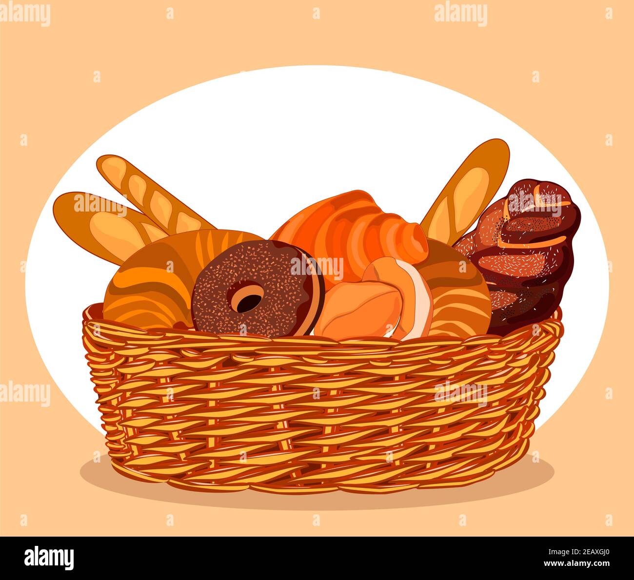 Bakery basket. Fresh, sweet bread in the basket.illustration Stock