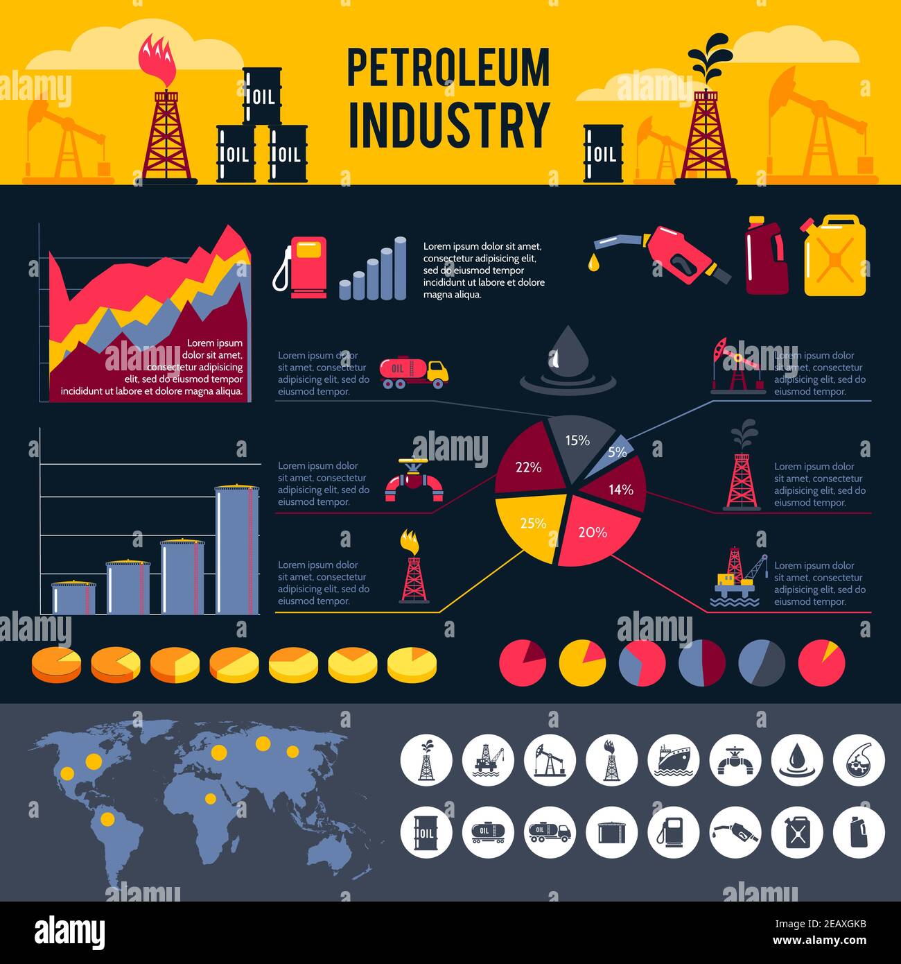 Petroleum industry infographics set with gasoline processing symbols