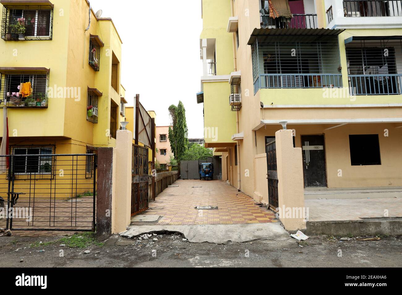 A ground level view of a completed apartment Stock Photo