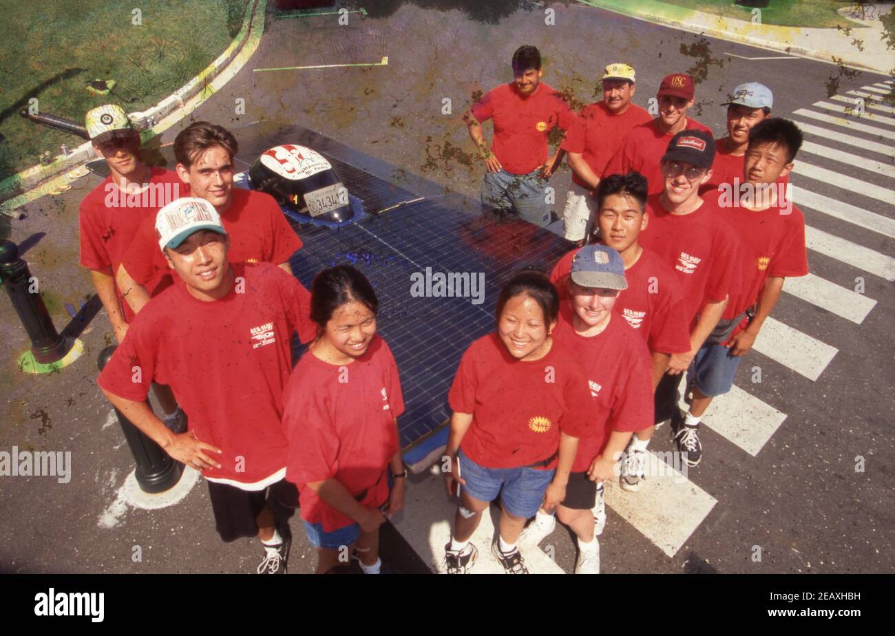 Solar Car high school team competes in race from Dallas to San Antonio, 1997.  Posting at the Texas State Capitol, Austin.   BAD9285F Stock Photo