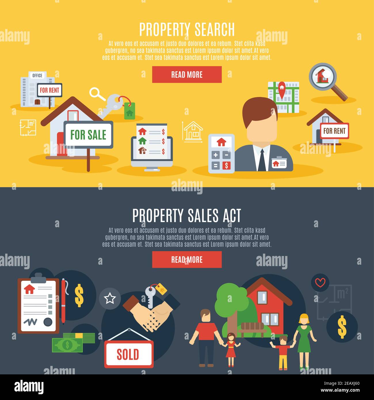 Real estate horizontal banner set with property search and sales act