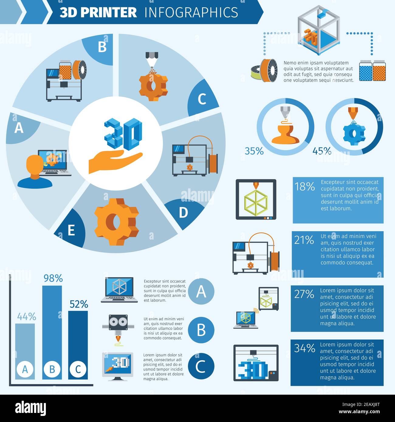 Printer with 3d technologies production infographic elements and charts vector illustration Stock Vector