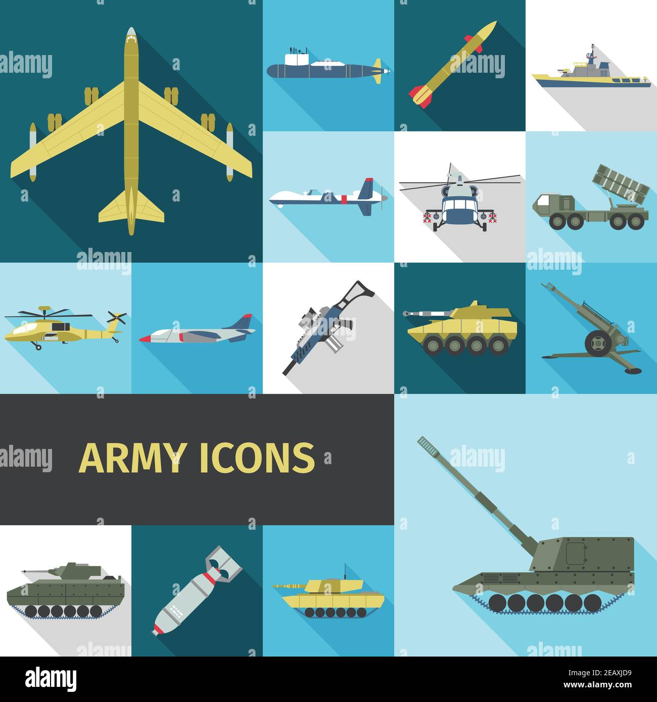 Army icons flat set with military truck helicopter ship isolated vector ...