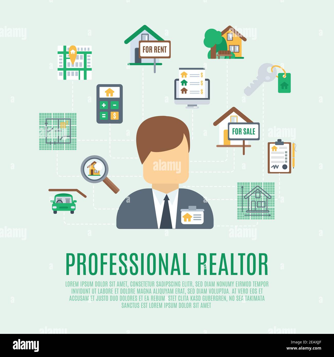 Real estate concept with professional realtor avatar and property