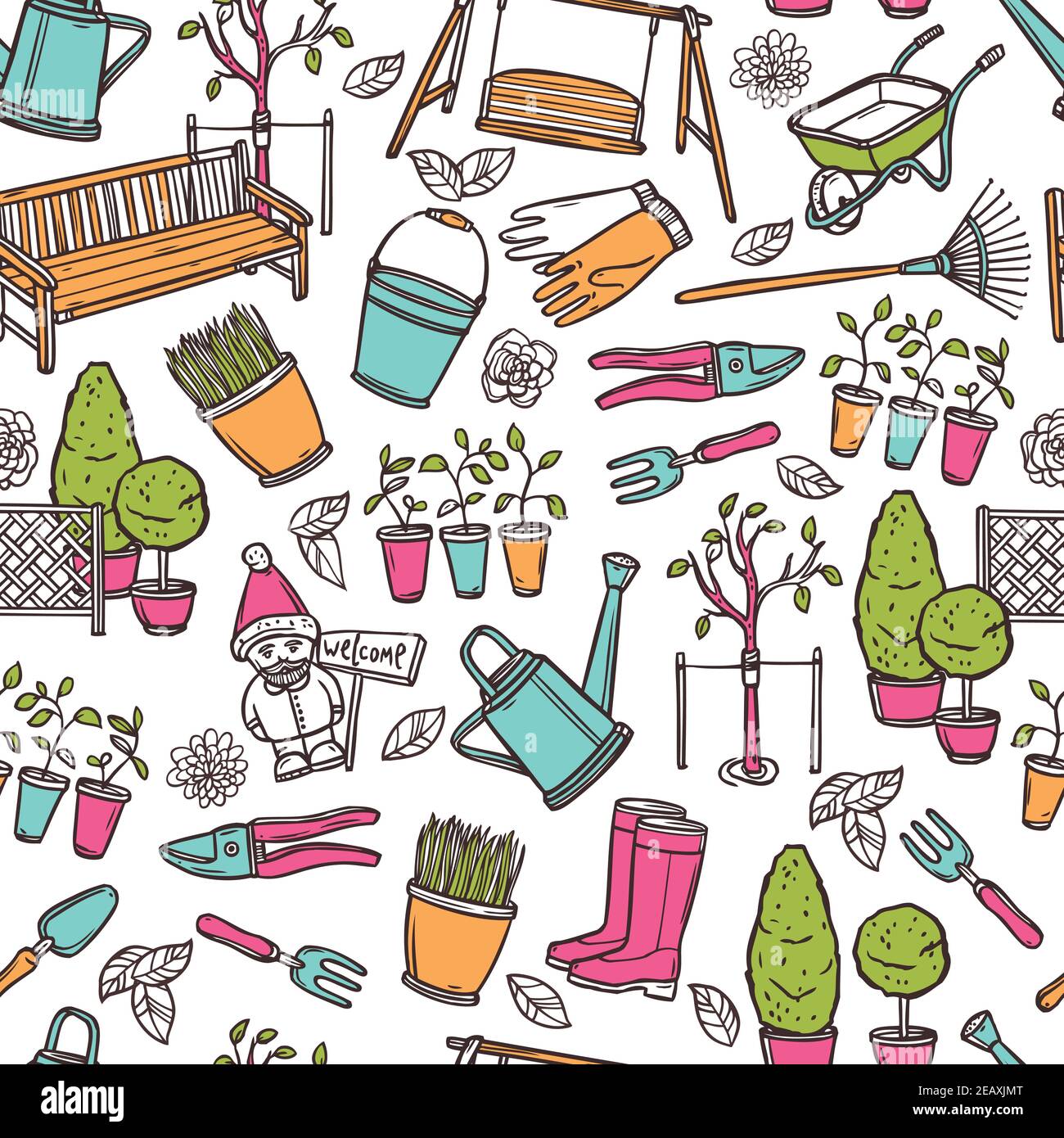 Gardening seamless pattern with hand drawn farming equipment vector ...