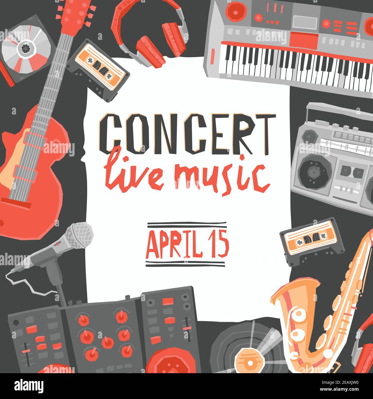 Music live concert poster with flat musical instruments vector