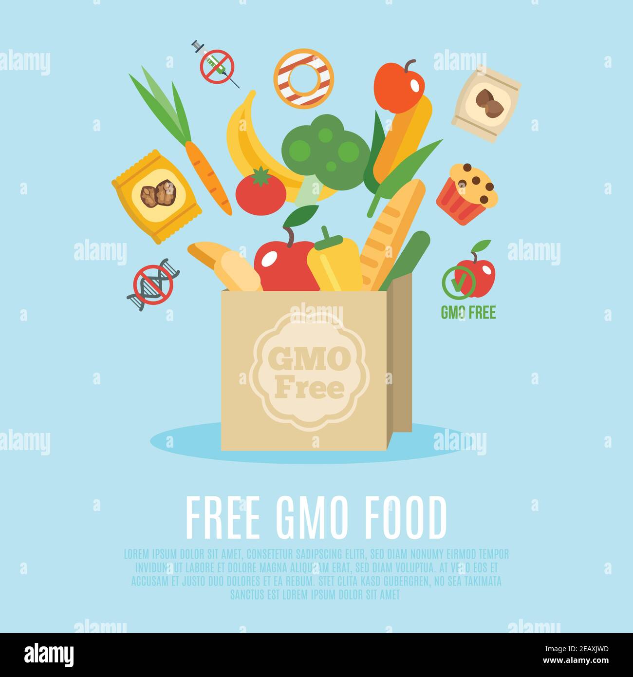 Gmo free concept with flat food products in paper bag vector ...