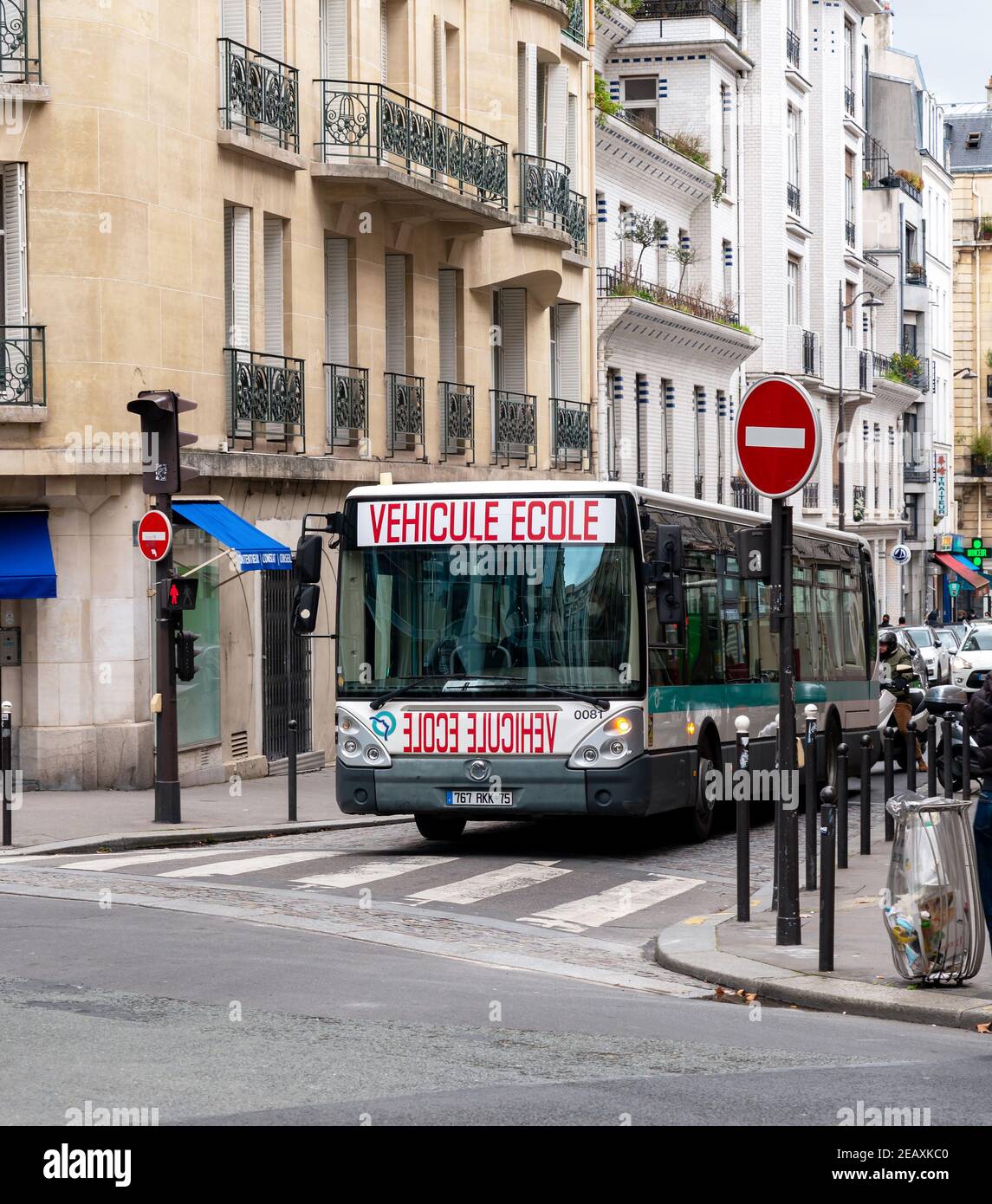 RATP Driving school bus in Paris streets - France Stock Photo