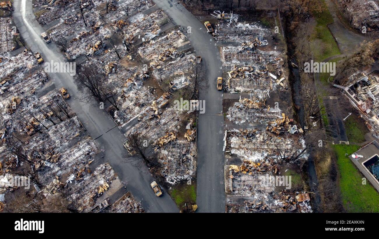 Phoenix, OR, Jan.11, 2021 -- The Bear Lake Estates mobile home park was completely destroyed in the Almeda fire in September 2020. Photo by Liz Roll Stock Photo