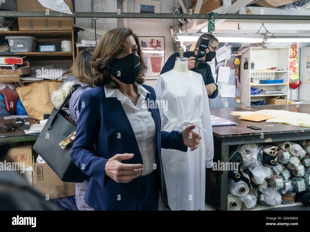 New York, United States. 10th Feb, 2021. LG Kathy Hochul visits Four Seasons Fashion as part of women-owned nonprofit Garment District for Gowns on 39th street of Manhattan. LG was touring Four Season Fashion company owned by Tony Singh (not pictured). Nonprofit organization helped already to manufacture more than 300,000 PPE and sent them to New York State hospitals. (Photo by Lev Radin/Pacific Press) Credit: Pacific Press Media Production Corp./Alamy Live News Stock Photo