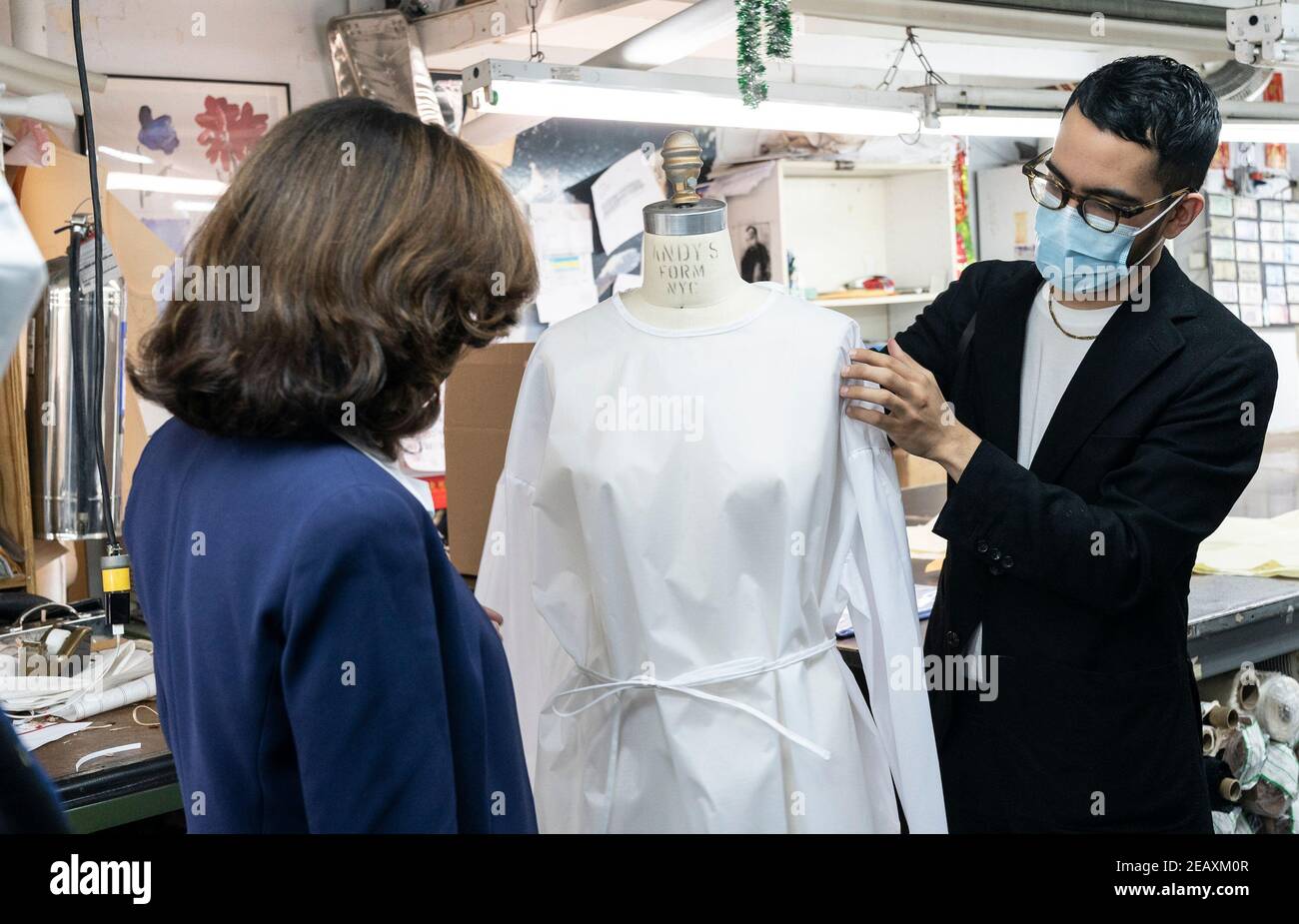 New York, United States. 10th Feb, 2021. LG Kathy Hochul visits Four Seasons Fashion as part of women-owned nonprofit Garment District for Gowns on 39th street of Manhattan. LG was touring Four Season Fashion company owned by Tony Singh (not pictured), to the left of LG is Emmanuel Nunez. Nonprofit organization helped already to manufacture more than 300,000 PPE and sent them to New York State hospitals. (Photo by Lev Radin/Pacific Press) Credit: Pacific Press Media Production Corp./Alamy Live News Stock Photo