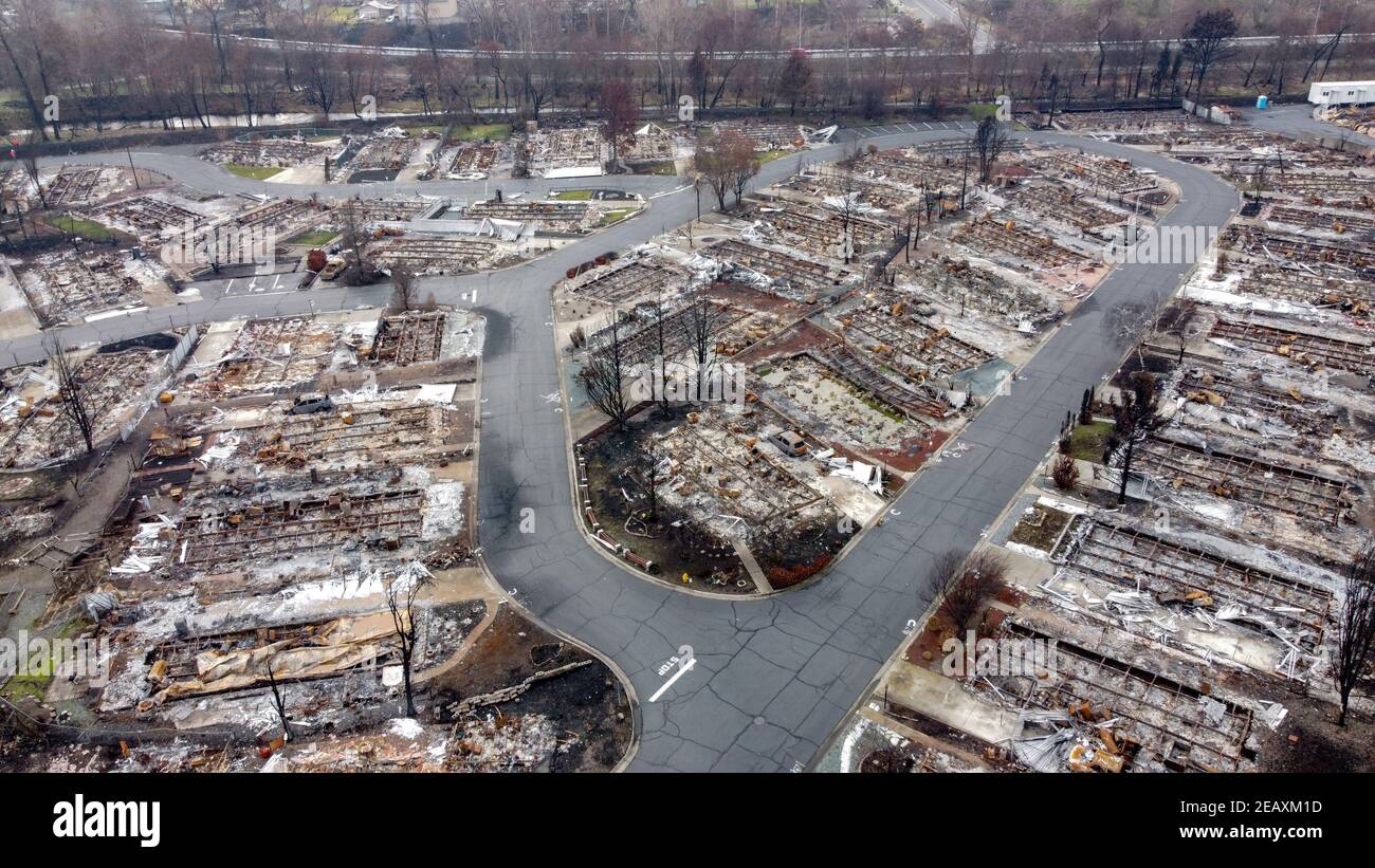 Phoenix, OR, Jan.11, 2021 -- The Bear Lake Estates mobile home park was completely destroyed in the Almeda fire in September 2020. Photo by Liz Roll Stock Photo