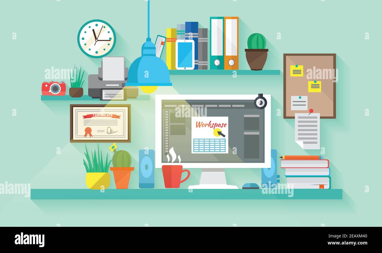 Business workspace in room interior with table computer bookshelfs and ...
