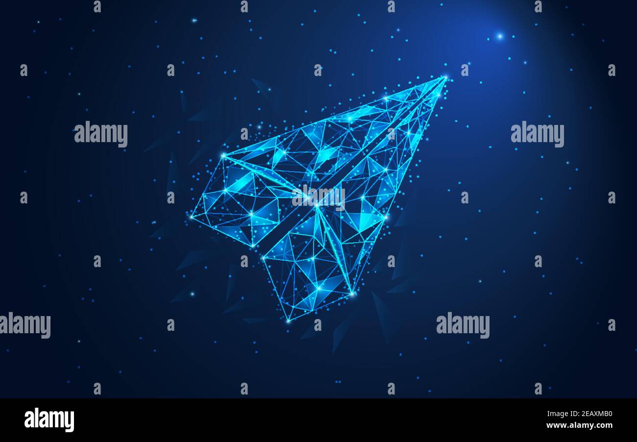 light blue polygon paper plane on blue background. Innovative business journey concept futuristic vector illustration. Stock Vector