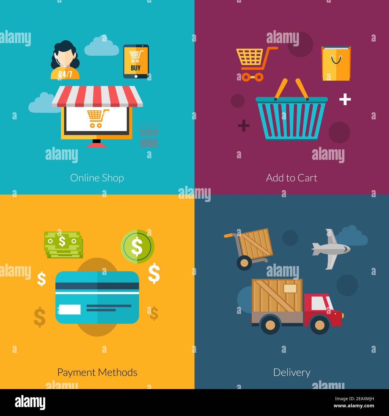 Online shopping design concept set with payment and delivery flat icons ...